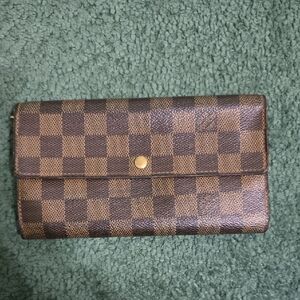 Louis Vuitton Damier Ebene Checkered Brown Wallet with Gold Snap